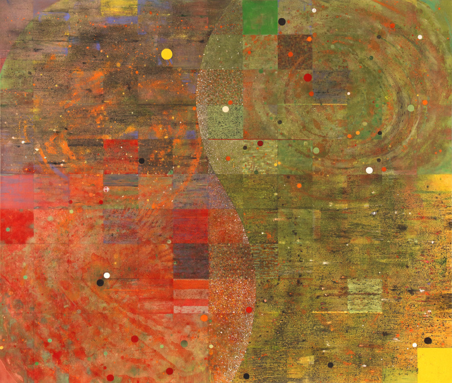 Such That, 2008, oil, isobutyl methacrylate, shell and bead on linen, 77 x 91 inches