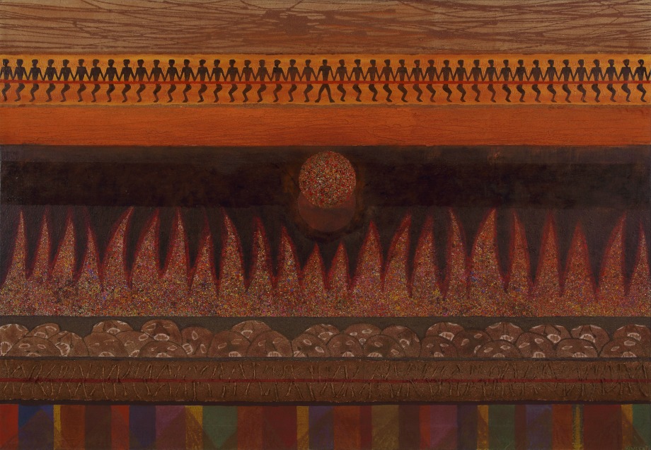 Fire in the Diaspora (Dry Bones Series), 1983, oil, sand and rope on canvas, 52 x 72 inches