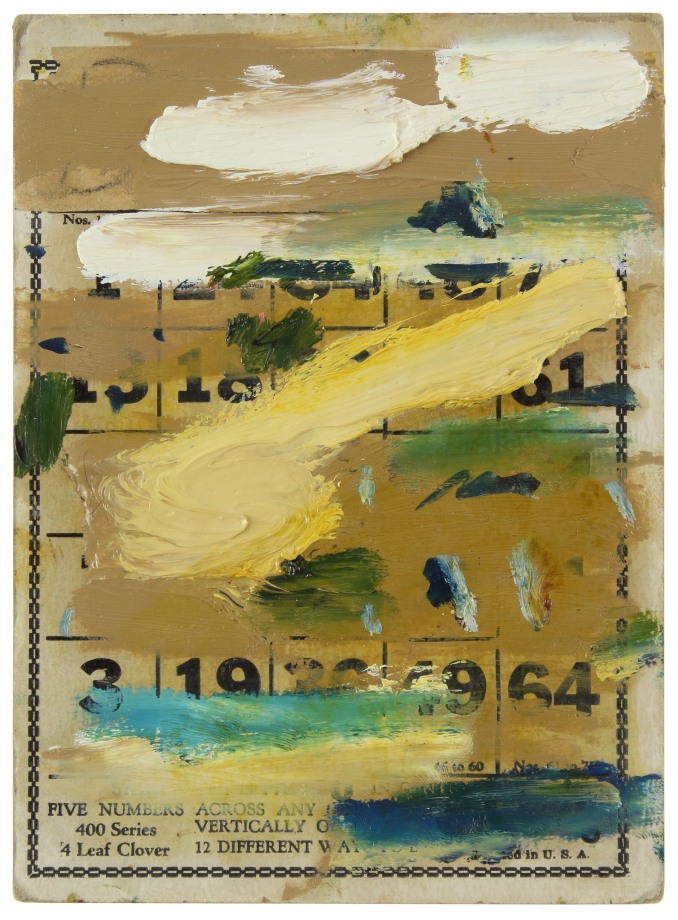 Seal Point Series #V VII, 2007, oil on Bingo card, 7 1/4 x 5 1/2 inches
