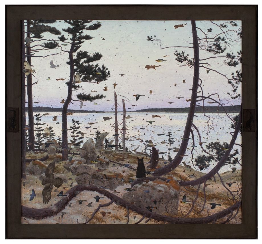 Enigokwag Aki, 2008, oil on linen, 56 7/8 x 60 7/8 inches, including artists&#039; hand painted frame