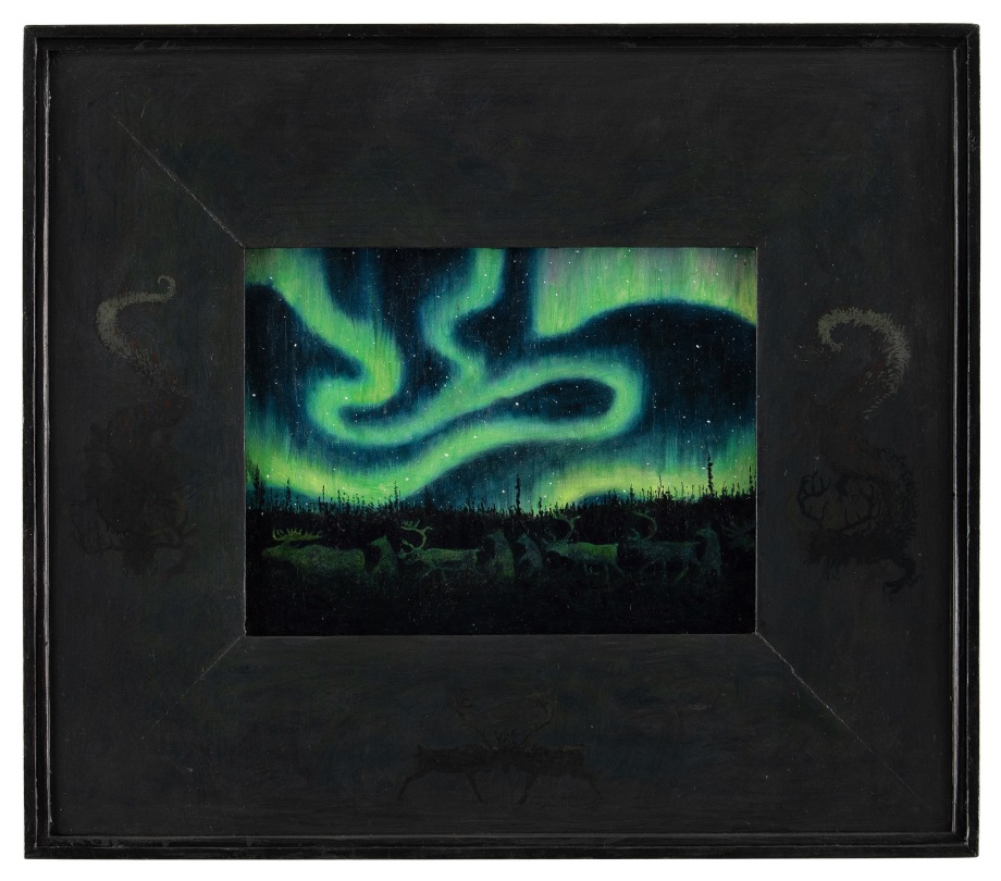 Nin Dibando, 2022, oil on luan plywood, 14 3/4 x 17 inches, including artist&#039;s hand painted frame