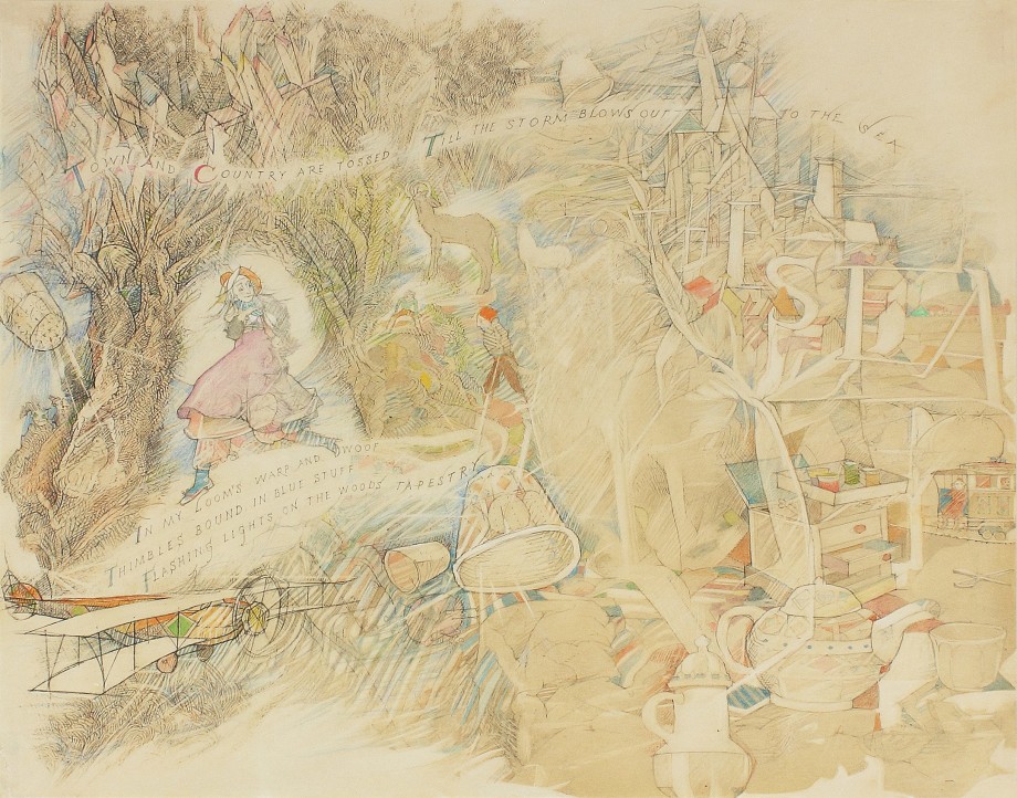 Thimbledon Bridge Illustration (page 25), 1965-1970, colored pencil and graphite on paper, 11 1/4 x 14 inches
