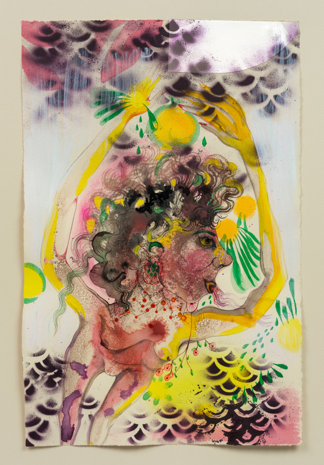Rina Banerjee, Fly me to saddle on Nature&rsquo;s battles so I may will my arms high as paddles perhaps loose old balance, create a waddle in step to shift to hault marriage markets vulgarity of property contracts like crossfire take casualties of you and me to be buried in law&rsquo;s riddles., 2022,&nbsp;Mixed media on paper,&nbsp;19.625 x 12.875 in (49.85 x 32.7 cm)