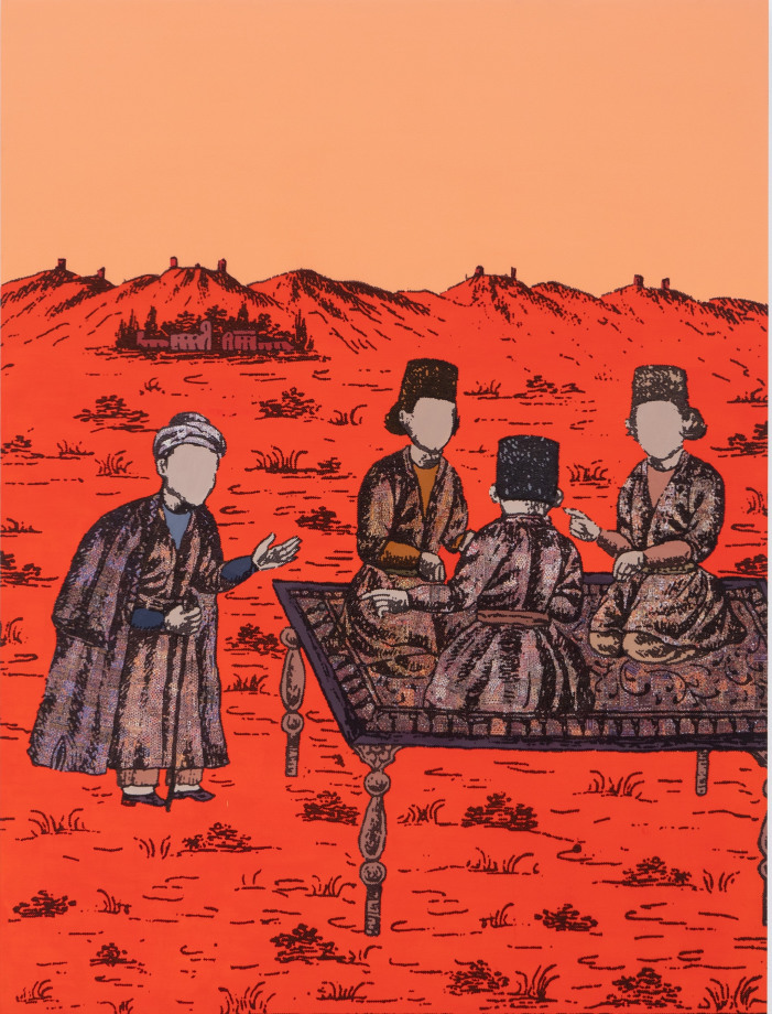 Saad Qureshi, One Wise Man,&nbsp;2021,&nbsp;Acrylic, ink, paper on birch plywood,&nbsp;78.74 x 59.1 in