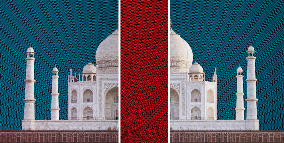 Triptych photo collage showing the Taj Mahal and the artist's geometric vortex paintings in blue and red.