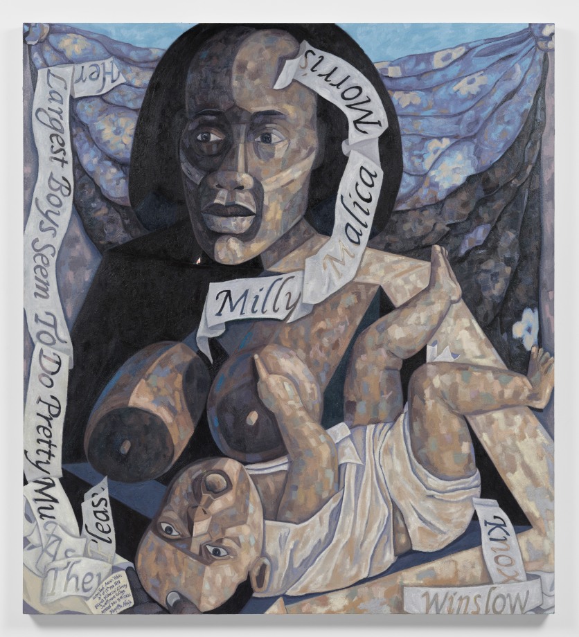Imagined portrait of the artist's ancestor Millie and her baby with text from an archived letter written by Millie.