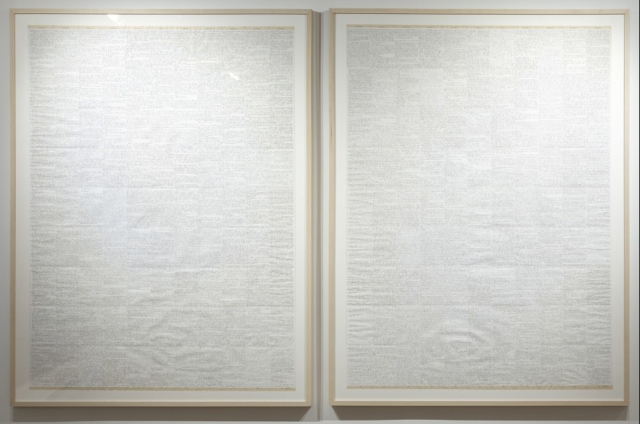 Youdhisthir Maharjan,&nbsp;Life After Life,&nbsp;2018-2019,&nbsp;Acrylic on reclaimed book pages, 57 x 41.5 in each (diptych)