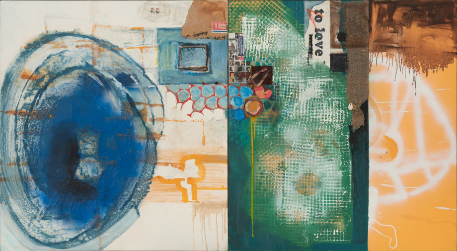 Mohammad Omer Khalil, You Don&#039;t Have to Be II,&nbsp;2003,&nbsp;Oil and collage on canvas,&nbsp;44 x 80 in
