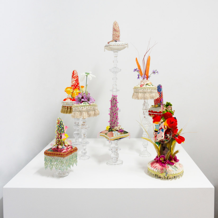 Max Colby, They Consume Each Other (#2), 2019-21,&nbsp;Crystal and plastic beads and sequins, found fabric, trim, fabric flowers, ornaments, costume jewelry, polyester batting, thread, glass stands, custom pedestal,&nbsp;66 x 40 x 40 in (167.64 x 101.6 x 101.6 cm), &nbsp;