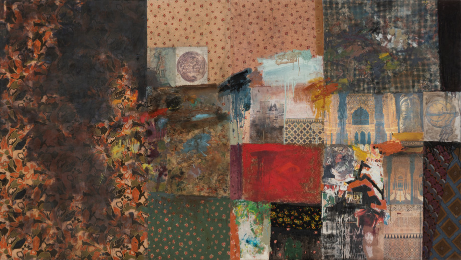 Mohammad Omer Khalil , Alhambra (Granada),&nbsp;2010-11,&nbsp;Oil and collage on wood,&nbsp;71.25 x 126 in