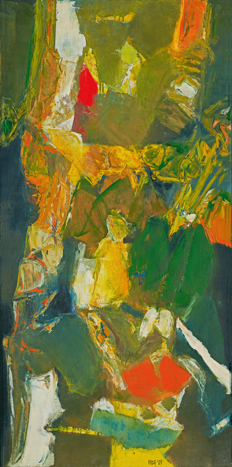 Abstract painting in shades of green and yellow
