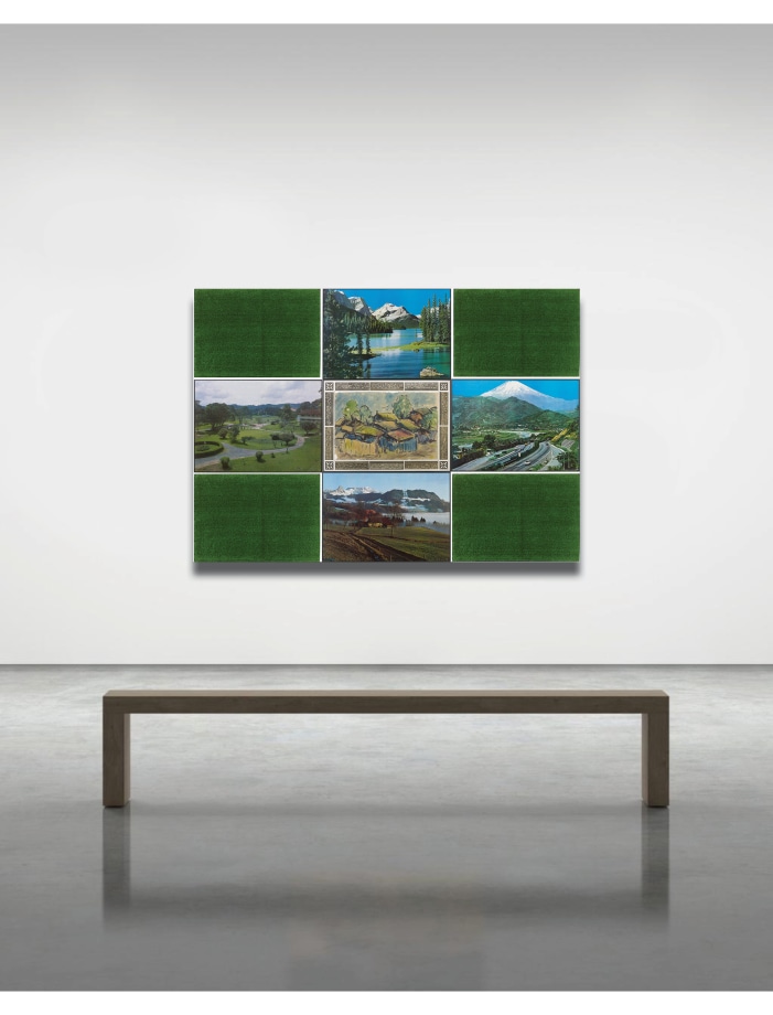 Rasheed Araeen cruciform work featuring photos of mountains and AstroTurf