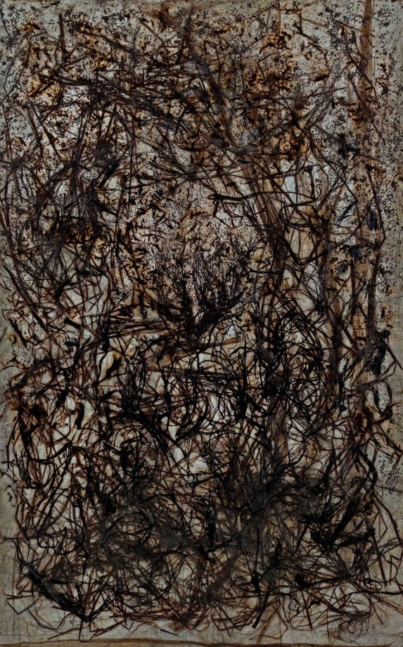 Jayashree Chakravarty,&nbsp;Scattered foliage,&nbsp;2020,&nbsp;Dry straw, roots, jute, seeds, tea leaves, tea stain, acrylic paint, cotton fabric, Nepali paper, thin tissue paper, synthetic glue, 73.75 x 48.5 in