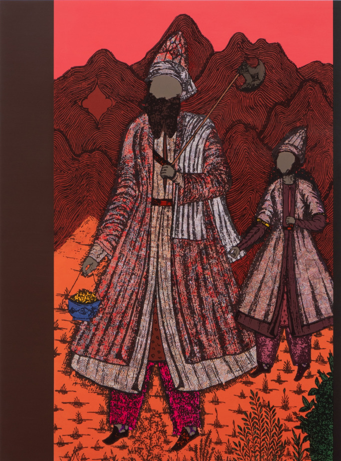 Saad Qureshi, A Pot of Gold,&nbsp;2021,&nbsp;Acrylic, ink, paper on birch plywood,&nbsp;78.74 x 59.1 in