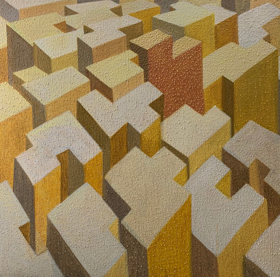 Acrylic painting of a city scape from birds-eye-view in shades of yellow.