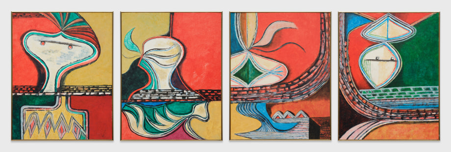polyptych of four abstract faces on colourful background