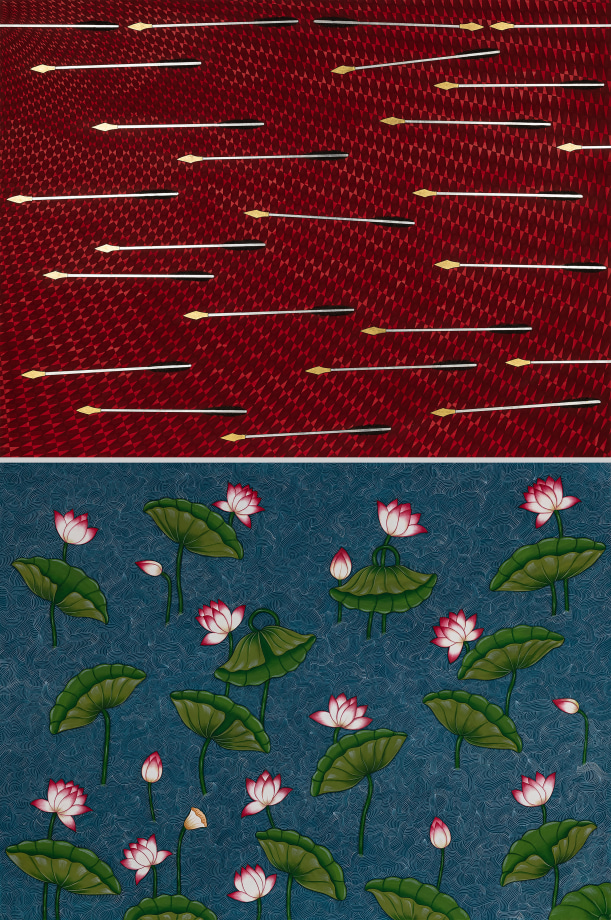 Diptych - top panel is flying arrows on red background, bottom panel is lotus flowers on swirling blue