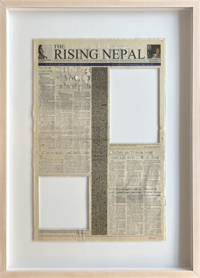Youdhisthir Maharjan,&nbsp;The Rising Nepal (1/30/2017), 2017,&nbsp;Hand-cut text collage on reclaimed newspaper,&nbsp;21.5 x 13.75 in