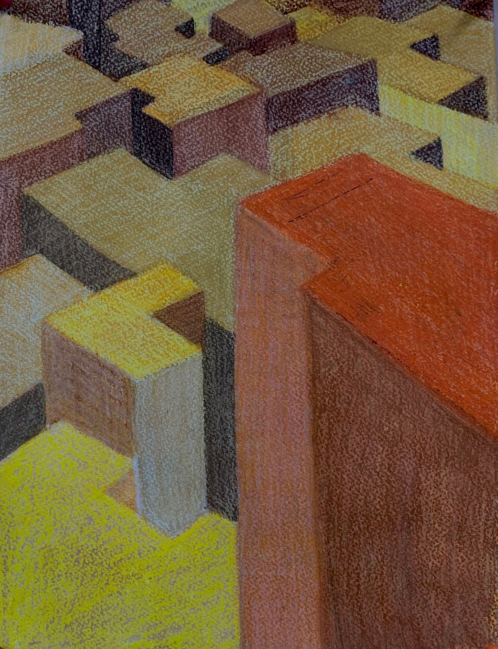 Pastel drawing of a cityscape from birds-eye-view