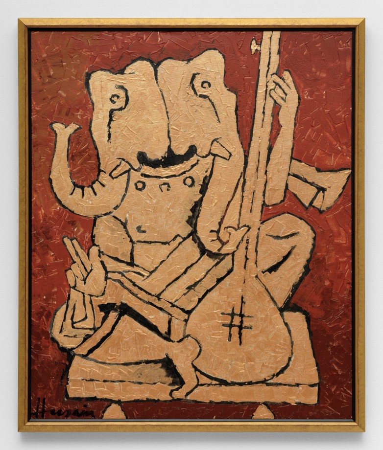 Ganesh playing a musical instrument in gold on red background
