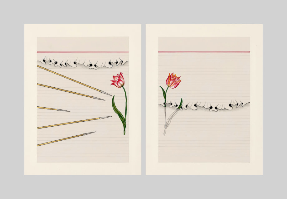 Neo-miniature diptych featuring arrows, ruffled hem line and tulips - representing life and death, feminine and masculine energies