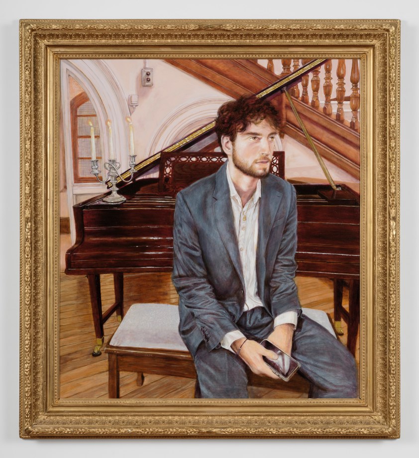 Portrait of the artist's son sitting at a piano holding his cell phone