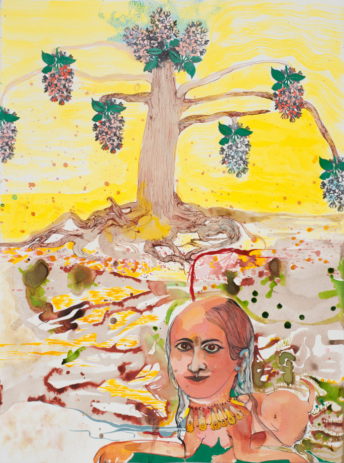 Rina Banerjee, The tree flowered,&nbsp;2012,&nbsp;Acrylic and ink on paper,&nbsp;30 x 22 in
