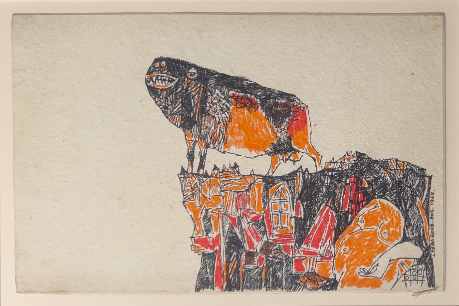 A boar on a hill that is partially made up of a nude female body