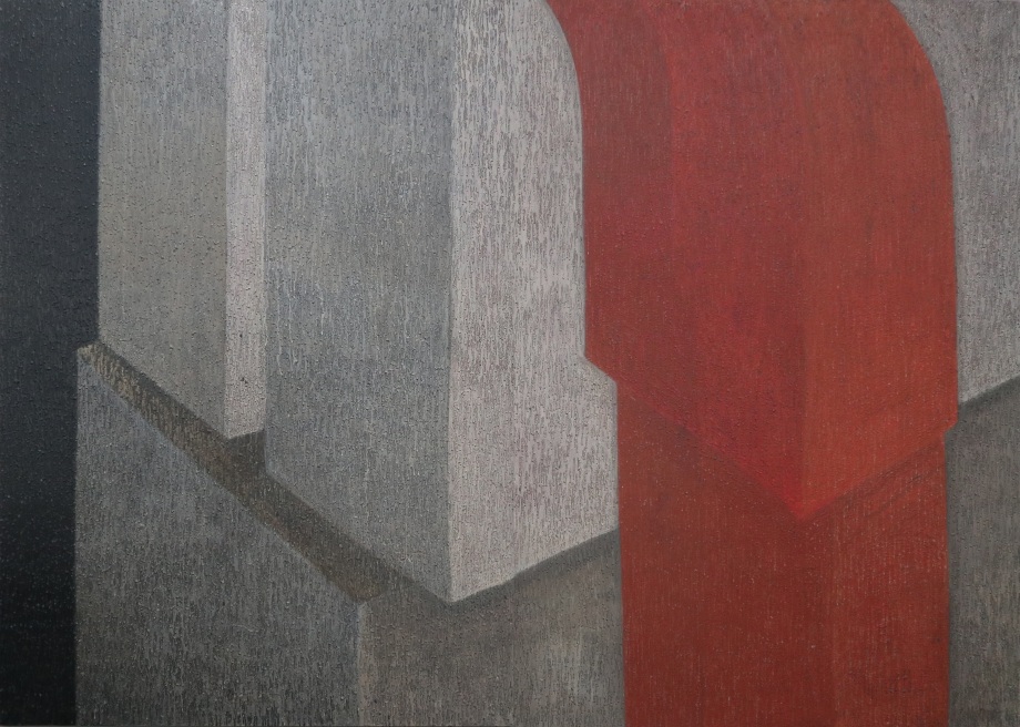 Painting of a cityscape from birds-eye-view in grey and red.