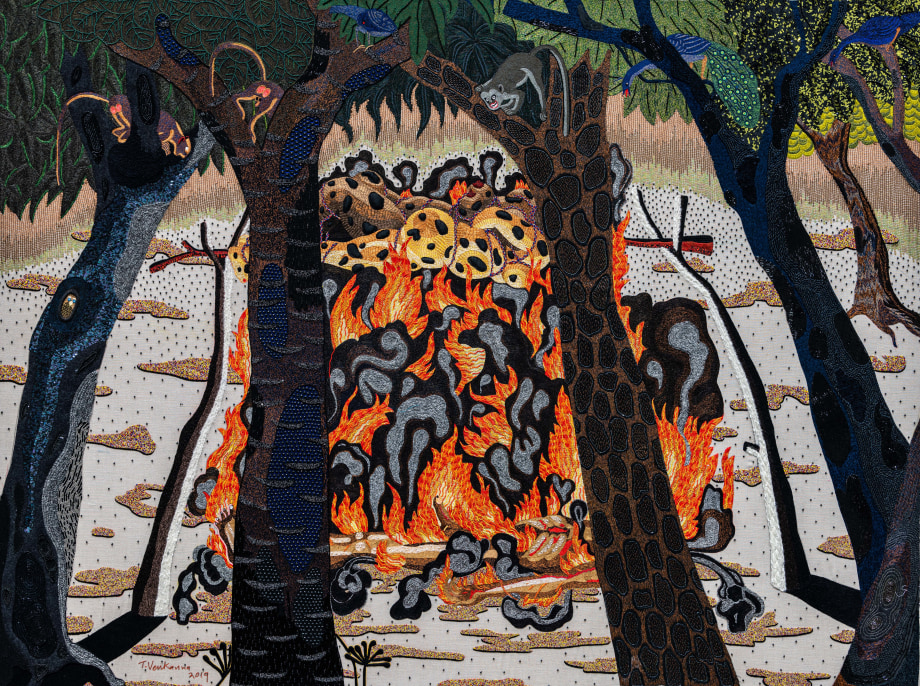 T. Venkanna, Burning Desire, 2019,&nbsp;Pencil and hand embroidery on linen,&nbsp;58 x 76 in (147 x 193 cm), &nbsp;