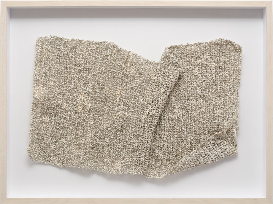 Youdhisthir Maharjan,&nbsp;No Women&#039;s Land,&nbsp;2019,&nbsp;Crocheted strips of reclaimed book pages, 32.5 x 20 in