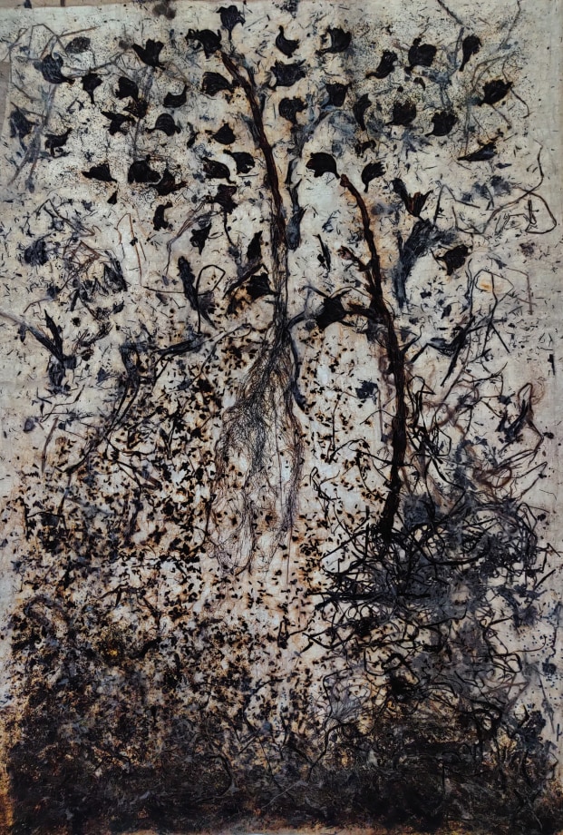 Jayashree Chakravarty,&nbsp;Blooming Flowers,&nbsp;2020,&nbsp;Dry leaves, flowers, roots, jute, seeds, tea leaves, acrylic paint, cotton, fabric, Nepali paper, thin tissue paper, synthetic glue, 72.5 x 48.75 in, &nbsp;