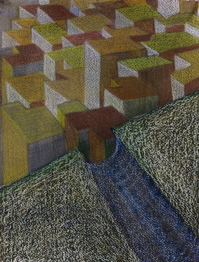 Pastel drawing of a cityscape from birds-eye-view