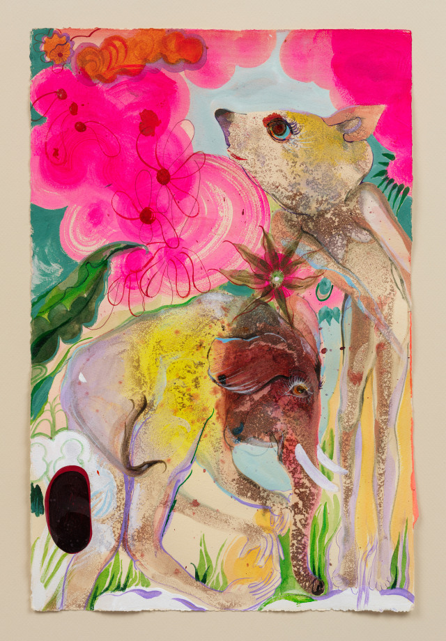 Rina Banerjee, I am not afraid of you said the Elephant to the Rodent. In connection, recognition, exposed or opposed, out of the glorification of power and powerless grew root a death of all containers that resisted or weeded nature as fruit or female as excess., 2022,&nbsp;Mixed media on paper,&nbsp;19.625 x 12.875 in (49.85 x 32.7 cm), &nbsp;