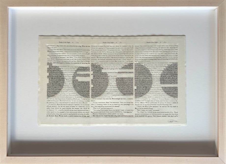 Youdhisthir Maharjan,&nbsp;Tender is the Night,&nbsp;2017,&nbsp;Hand-cut text collage on reclaimed book pages, 9 x 15 in