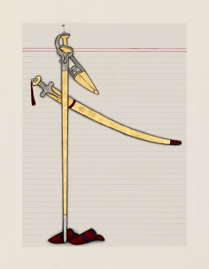 Neo-miniature painting of two swords and a pair of slippers