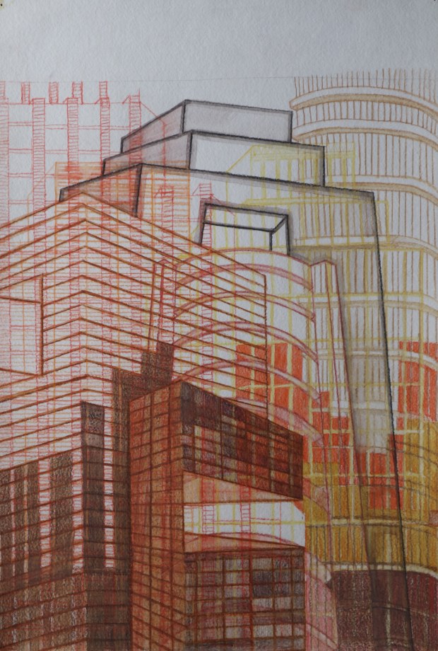 Pastel and watercolour drawing of city scape in shades of orange, red and yellow.