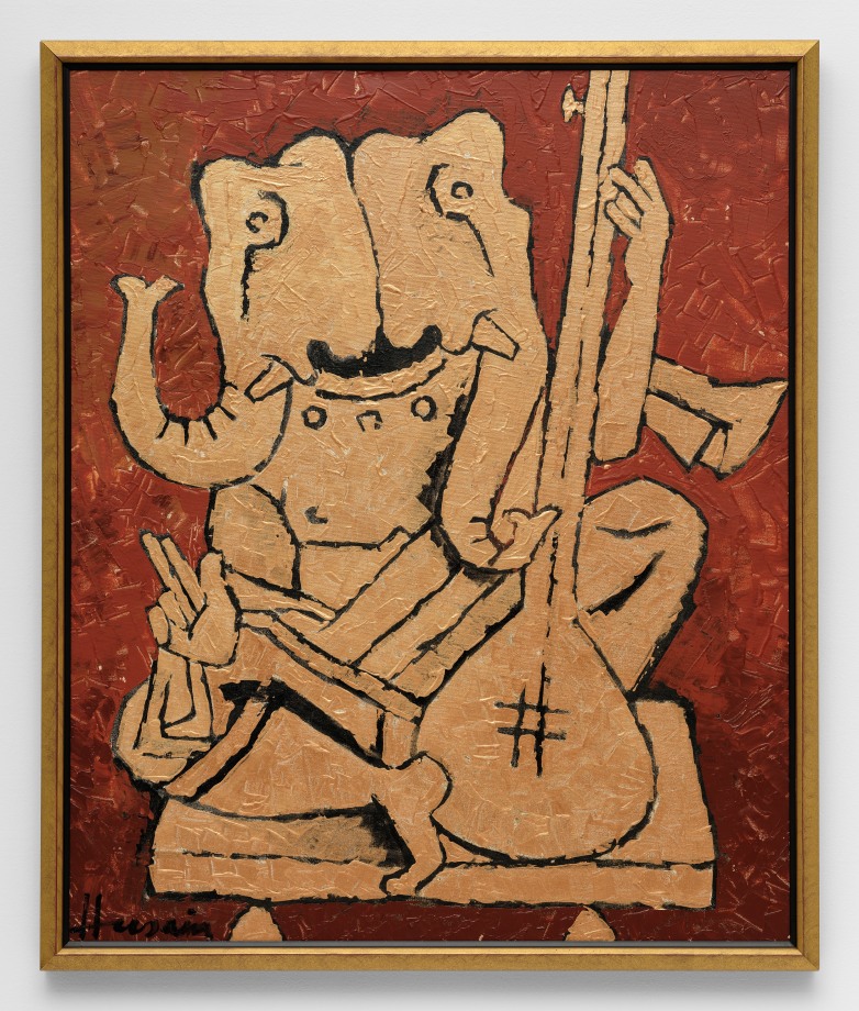 Painting of Ganesh playing a musical instrument in gold on a red background