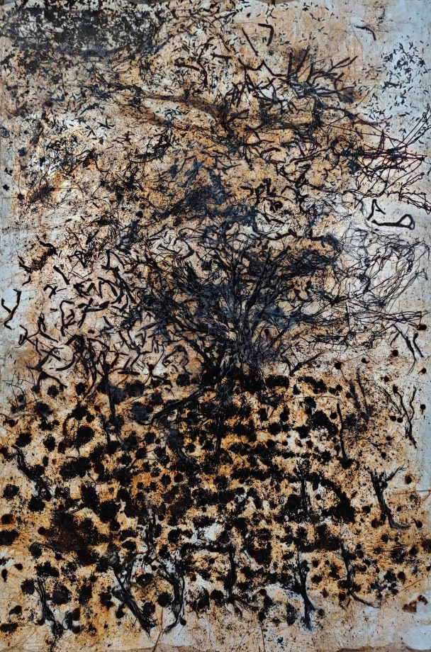 Jayashree Chakravarty,&nbsp;Soaring to the skies,&nbsp;2020,&nbsp;Tea leaves, tea stain, dry flowers, roots, jute, seeds, tea leaves, acrylic paint, cotton fabric, Nepali paper, thin tissue paper, synthetic glue, 95.75 x 63.5 in