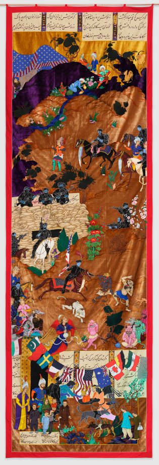 Khadim Ali,&nbsp;What Now My Friend?,&nbsp;2020, Fabric tapestry, 309.5 x 96&nbsp;in