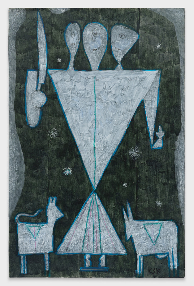 Figure with three heads holding a sword