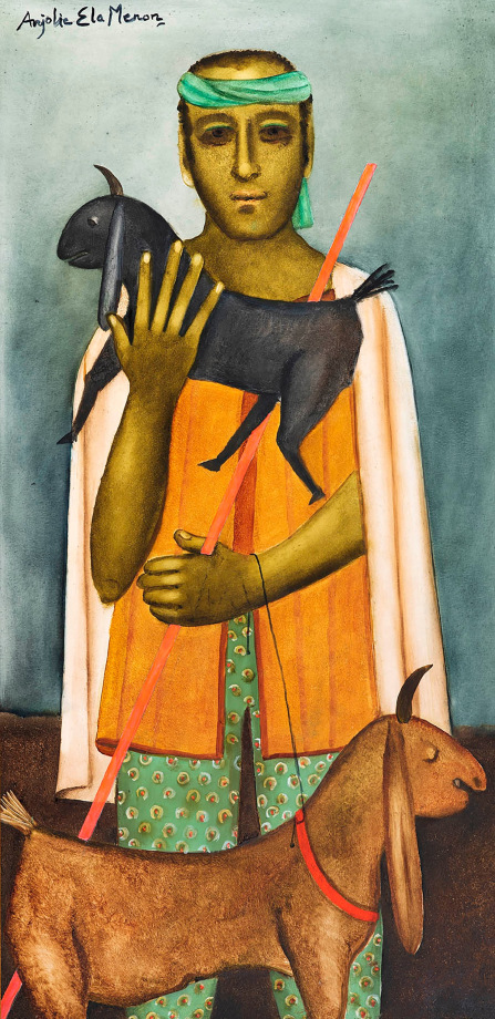 Anjolie Ela Menon, Goatherd I,&nbsp;2020,&nbsp;Oil on masonite board, 48 x 24 in