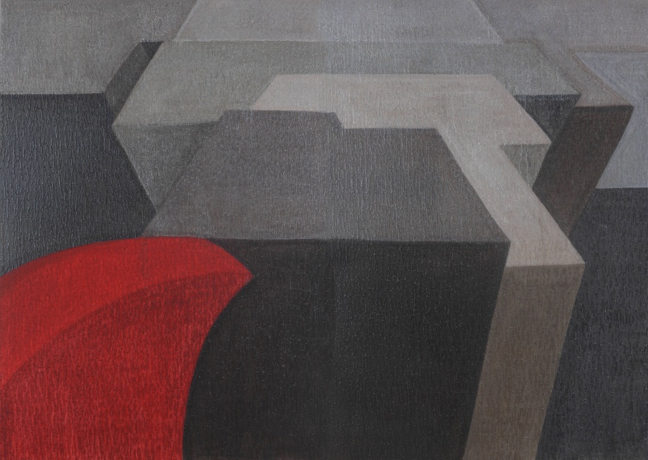 Painting of a cityscape from birds-eye-view in grey and red.