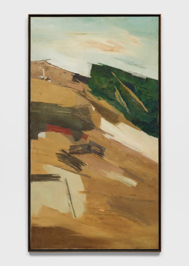 Abstract vertical landscape, predominantly tan and brown tones with a pop of green in the upper right composition