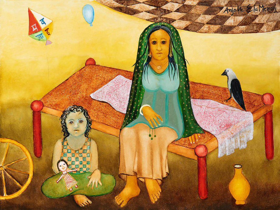 Anjolie Ela Menon, Avanti&#039;s Birthday,&nbsp;2021,&nbsp;Oil on masonite board,&nbsp;36 x 48 in