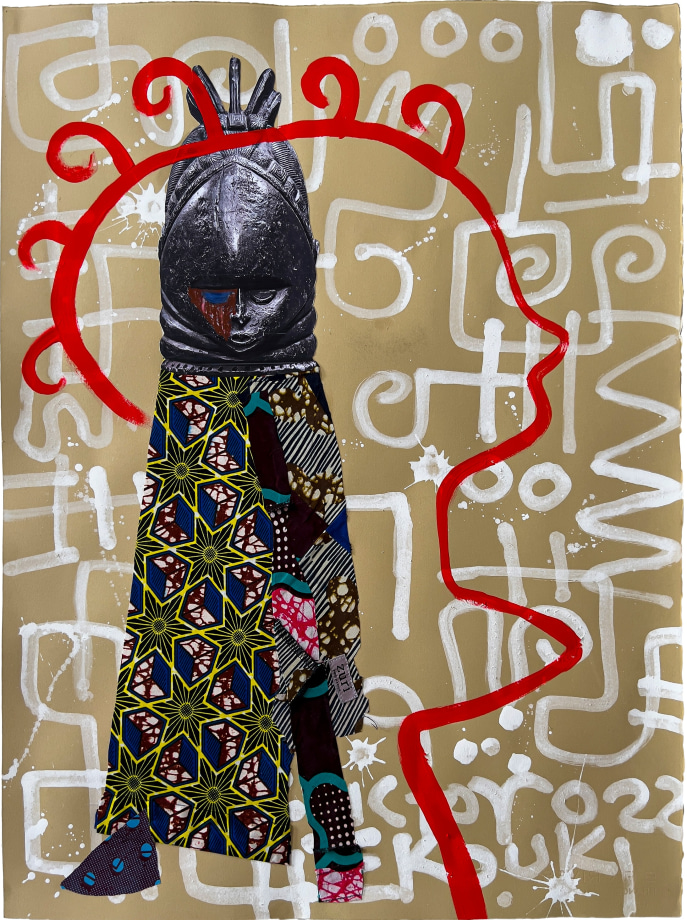 Victor Ekpuk,&nbsp;Liberian Girl, 2022, Acrylic and collage on canvas, 23 x 19 in (58.42 x 48.26 cm)
