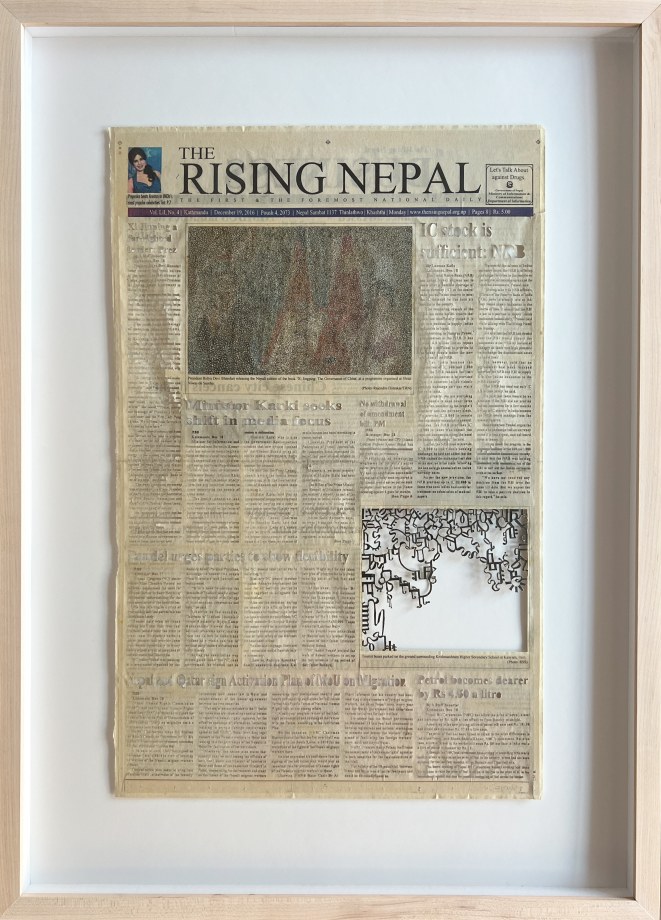 Youdhisthir Maharjan,&nbsp;The Rising Nepal (12/19/2016), 2017,&nbsp;Hand-cut text collage on reclaimed newspaper,&nbsp;21.5 x 13.75 in
