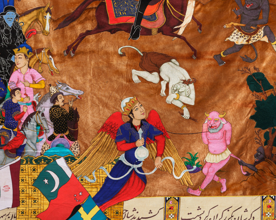 Khadim Ali, What Now My Friend?,&nbsp;2020, Fabric tapestry,&nbsp;309.5 x 95.75 in (detail)