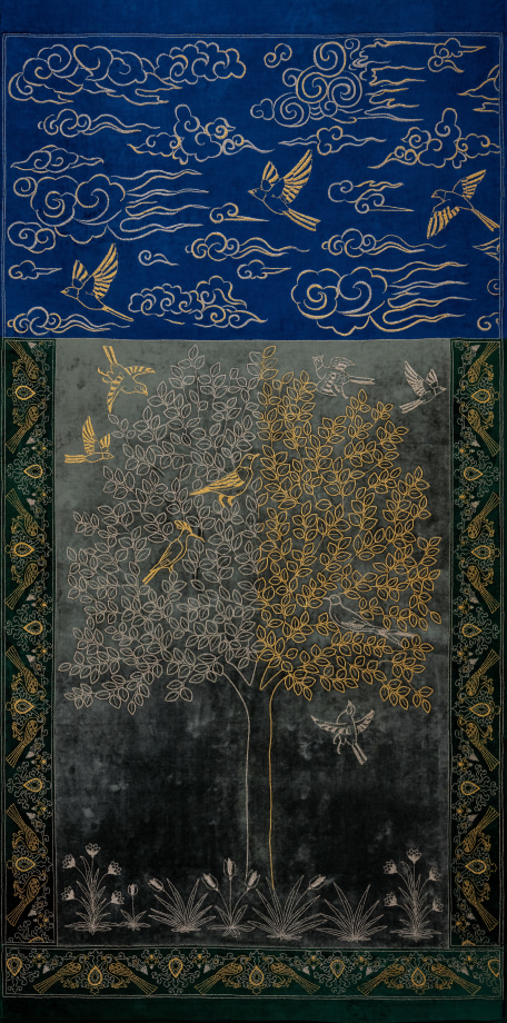 Tapestry showing a tree and birds made with pins instead of thread