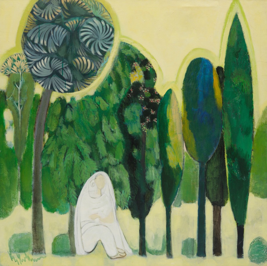 K. S. Kulkarni,&nbsp;Woman Under Tree,&nbsp;1974, Acrylic on canvas, 44 x 48 in